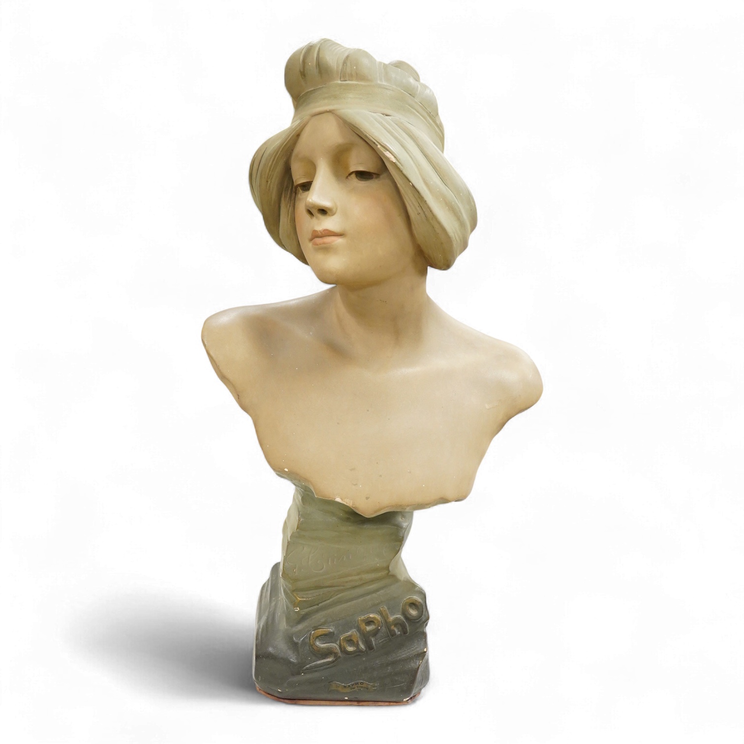After Georges Trinque (1844-1930), a Art Nouveau terracotta ‘Sapho’ bust, 58cm high